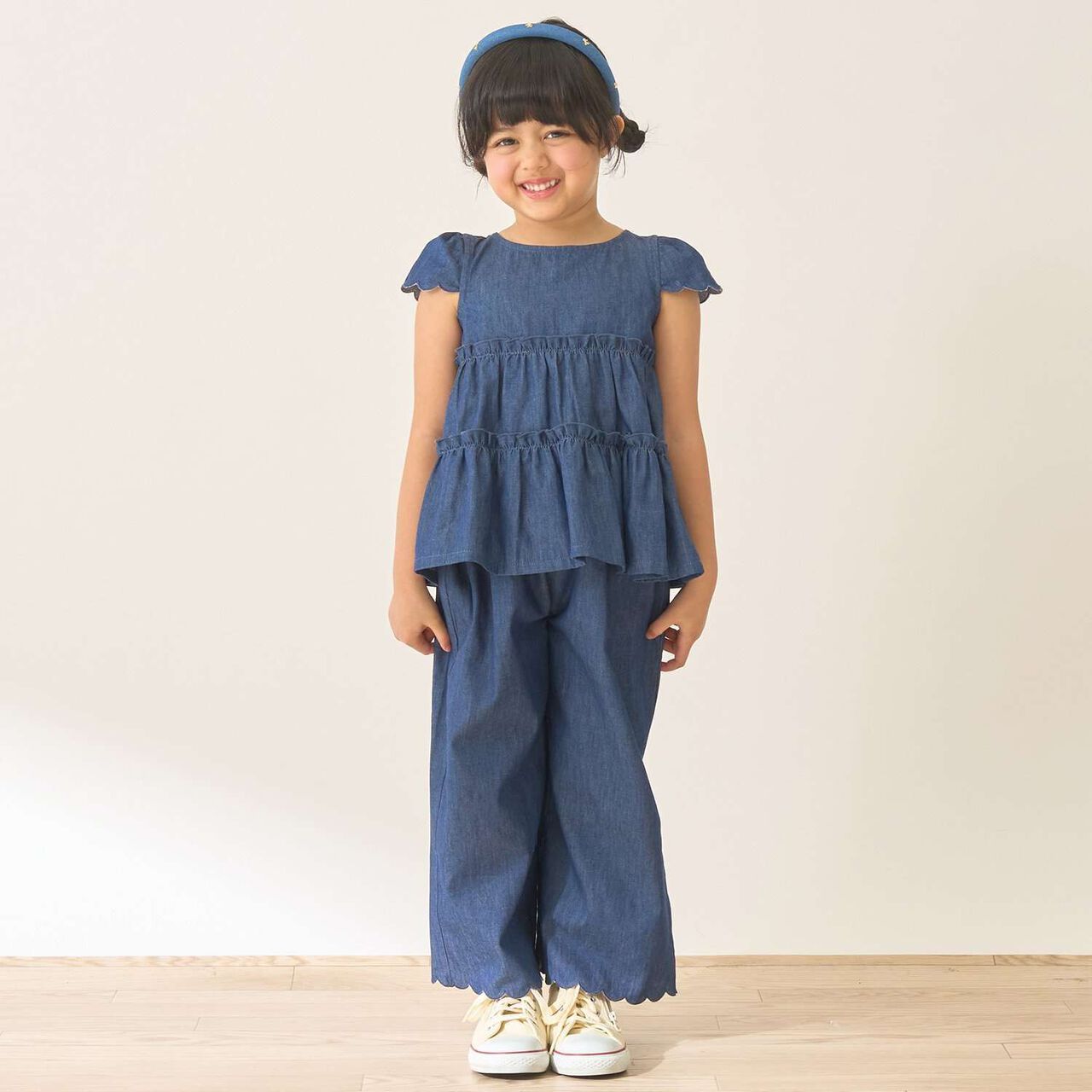 Assorted All-Over Pattern Tiered Blouse & Scallop Trim Pants Set,Blue, large image number 0