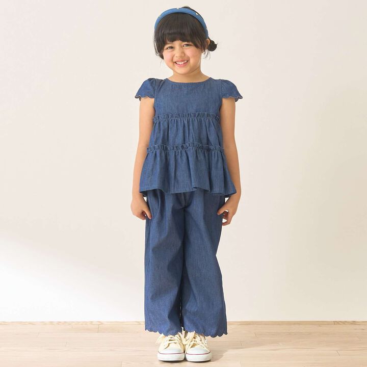 Assorted All-Over Pattern Tiered Blouse & Scallop Trim Pants Set,Blue, medium image number 0