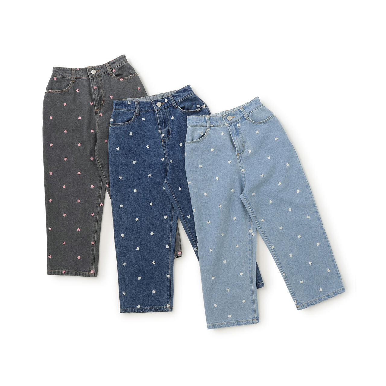 [Soft Denim] Heart Embroidered All-Over Pattern Barrel-Leg Pants for Girls [Kids],Blue, large image number 8