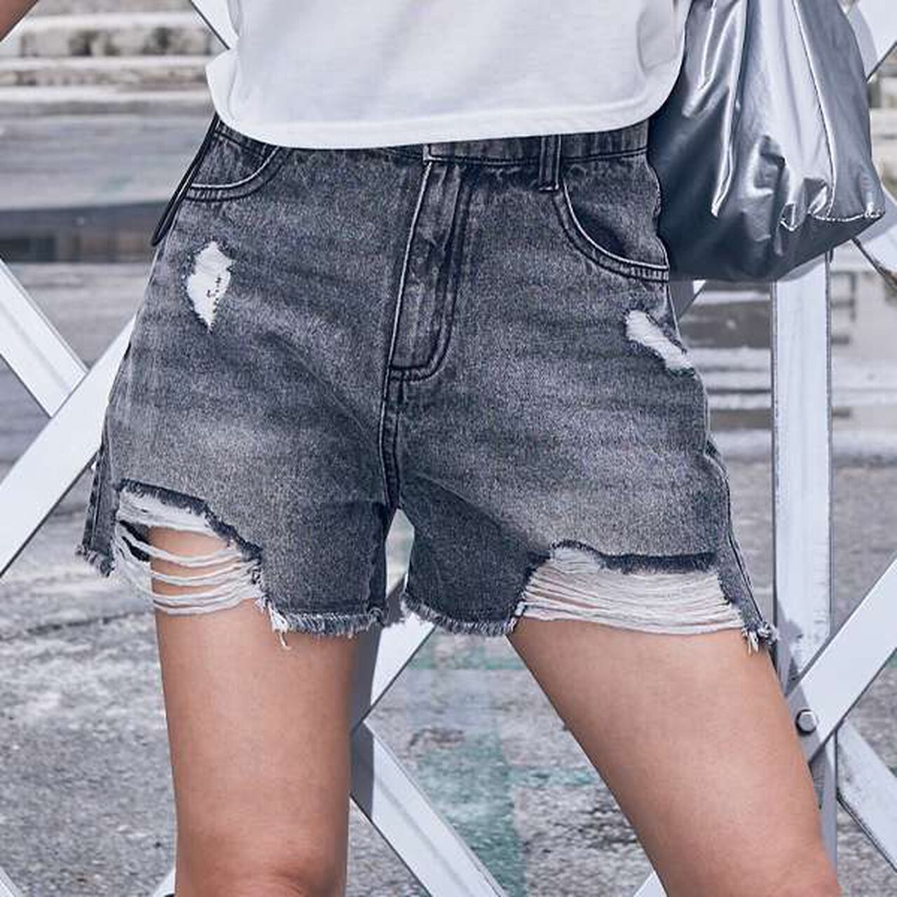Distressed Denim Shorts,Gray, large image number 0
