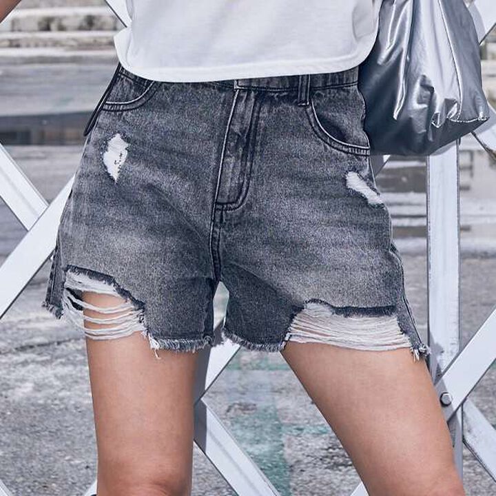 Distressed Denim Shorts,Gray, medium image number 0