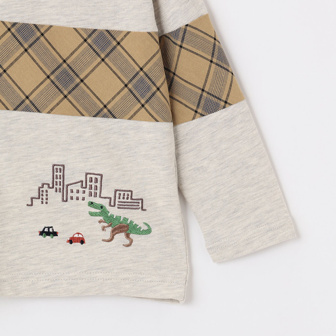 Dinosaur and City Checkered Long-Sleeve T-Shirt,Smoke white, large image number 5