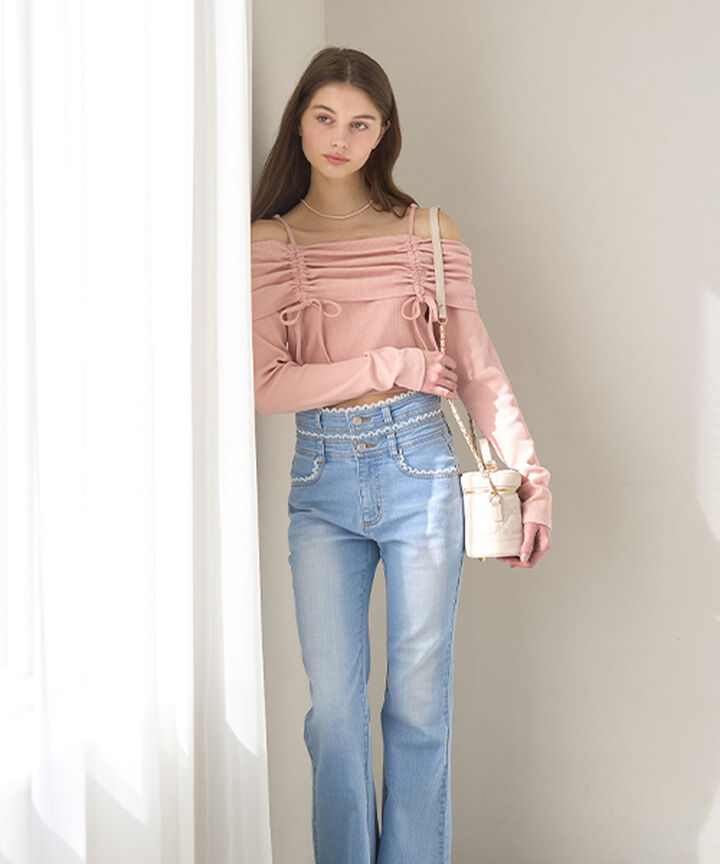 Off-Shoulder Shirred Top,Gray, medium image number 18