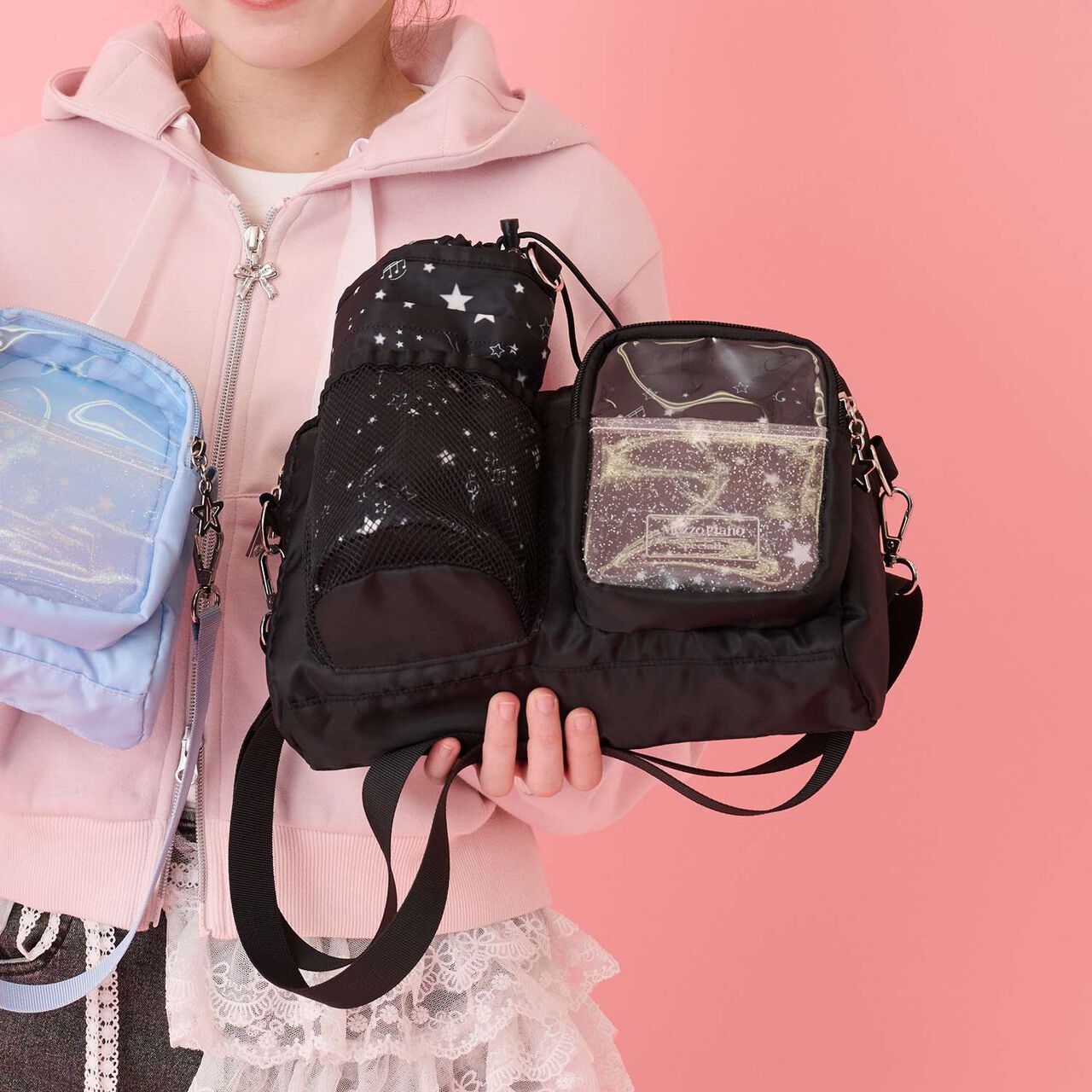 Zodiac & Musical Note Pattern Shoulder Bag with Bottle Holder♪,Black, large image number 0