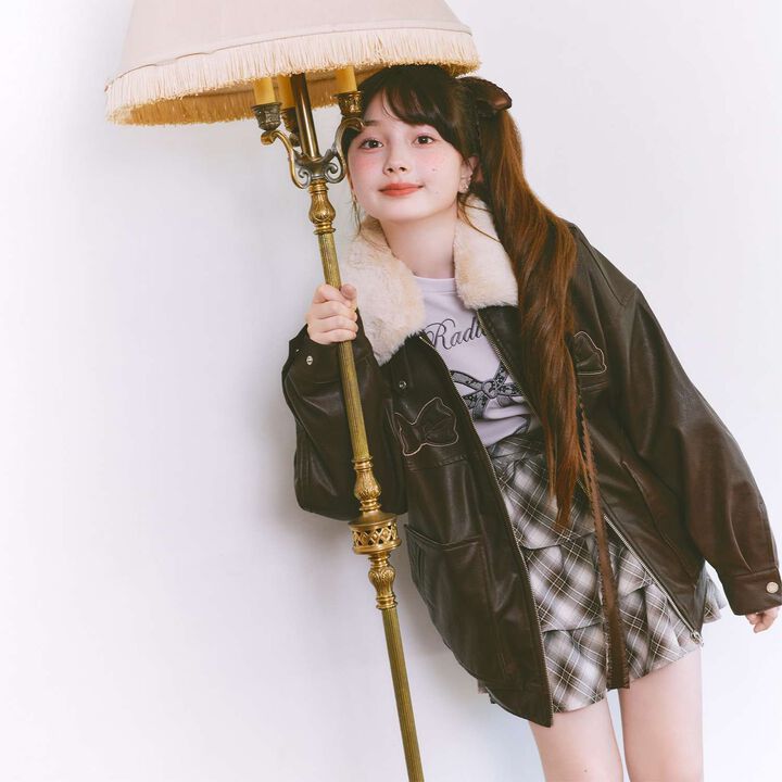 Ribbon Appliqué Faux Leather Jacket (with Faux Fur Collar),Dark brown, medium image number 0