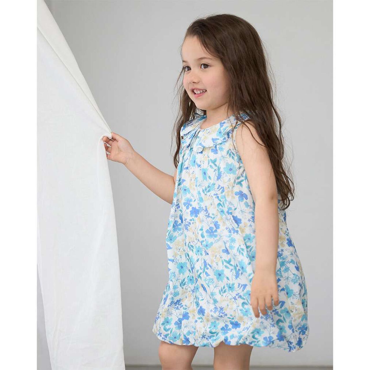 Floral Pattern Balloon One-Piece Dress,Blue, large image number 3