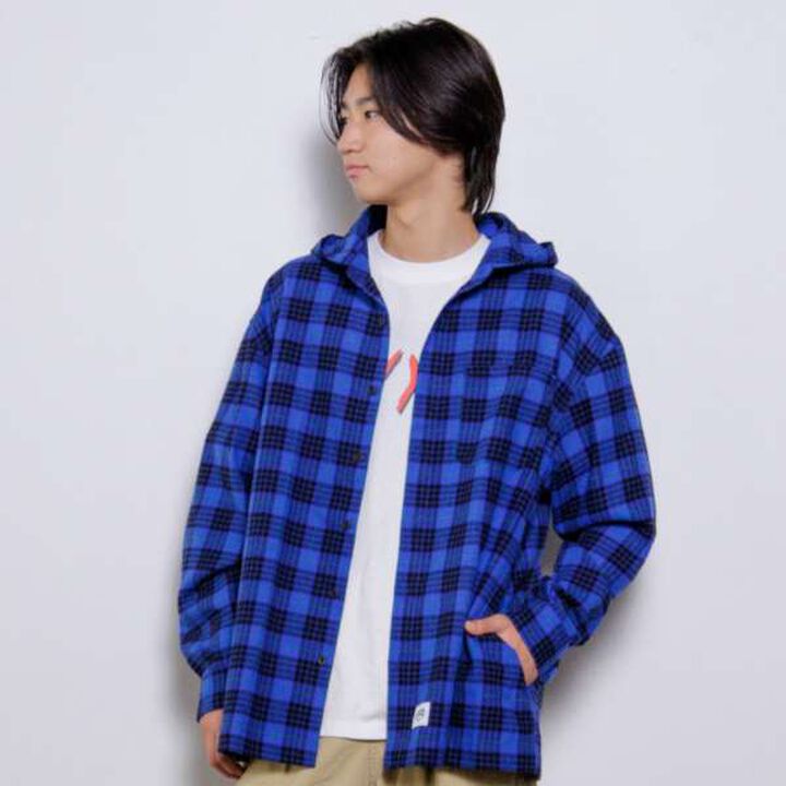 Hooded Check Shirt,Blue, medium image number 0