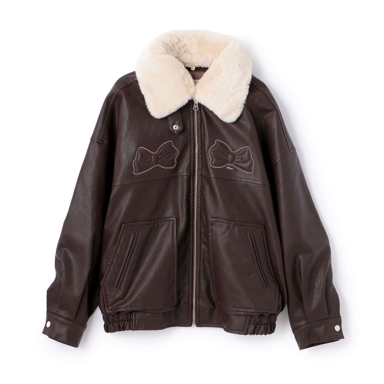 Ribbon Appliqué Faux Leather Jacket (with Faux Fur Collar),Dark brown, large image number 10
