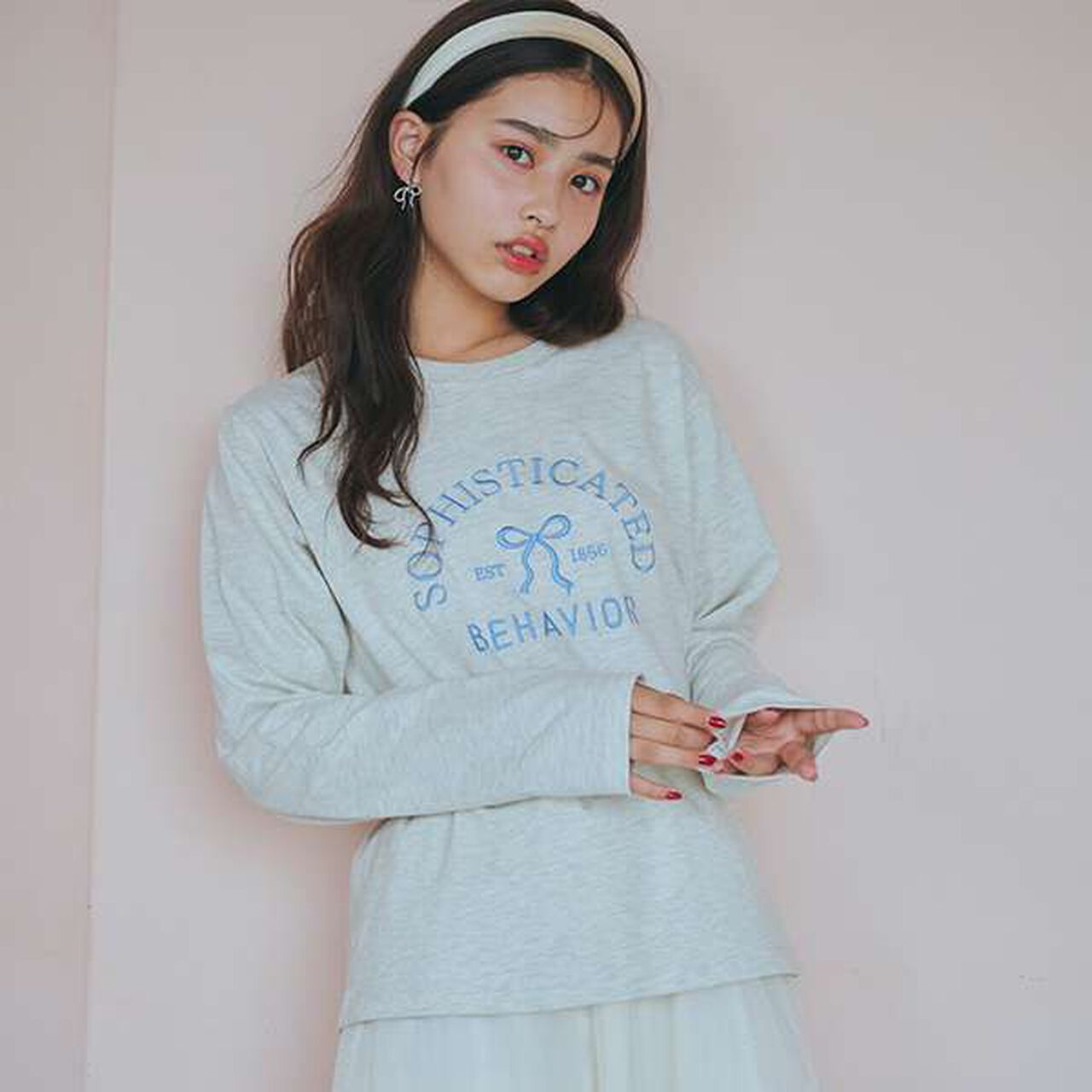 Ribbon Embroidered Long Sleeve T-Shirt,Off white, large image number 22