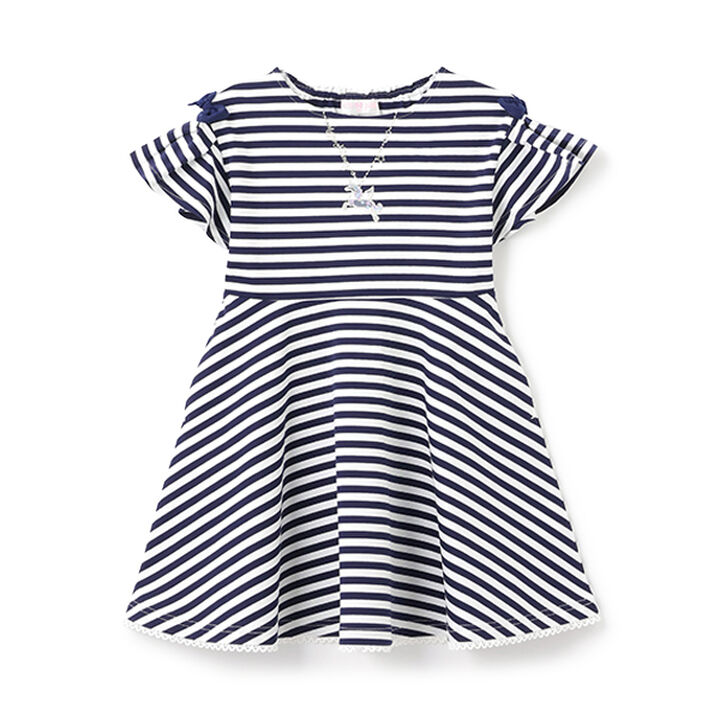 Necklace Embroidery Stripe Pattern One-Piece Dress,Navy, medium image number 0