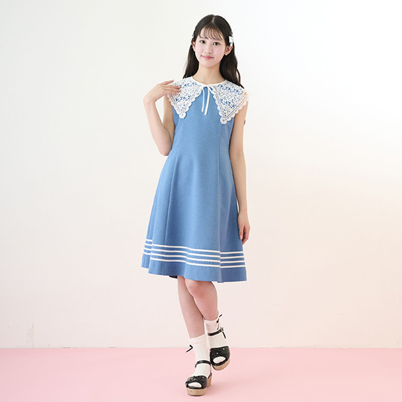 Lace-Collared Marine One-Piece Dress,Blue, large image number 0