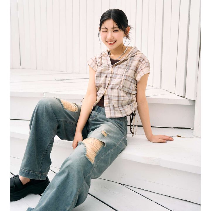 [LTXC/Cool Touch] Distressed Denim Wide Pants,Gray, medium image number 1