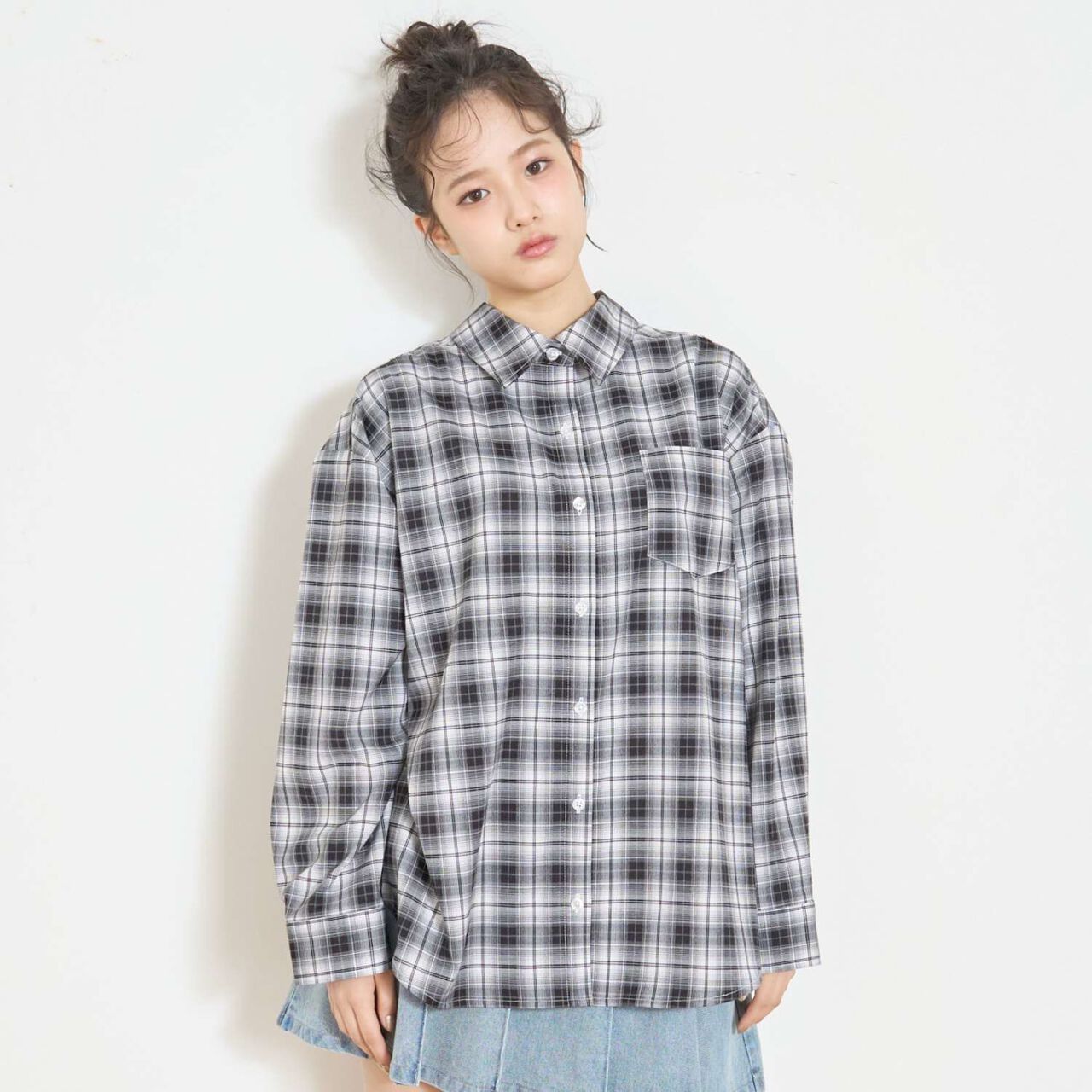 Loose Checkered Shirt,Black, large image number 0