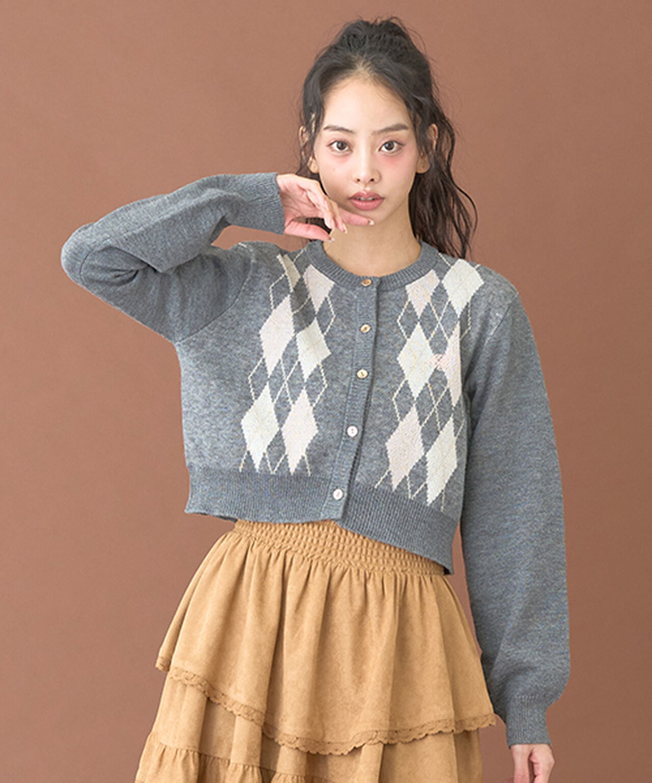 Argyle Knit Cardigan [Korean Fashion],Gray, large image number 0