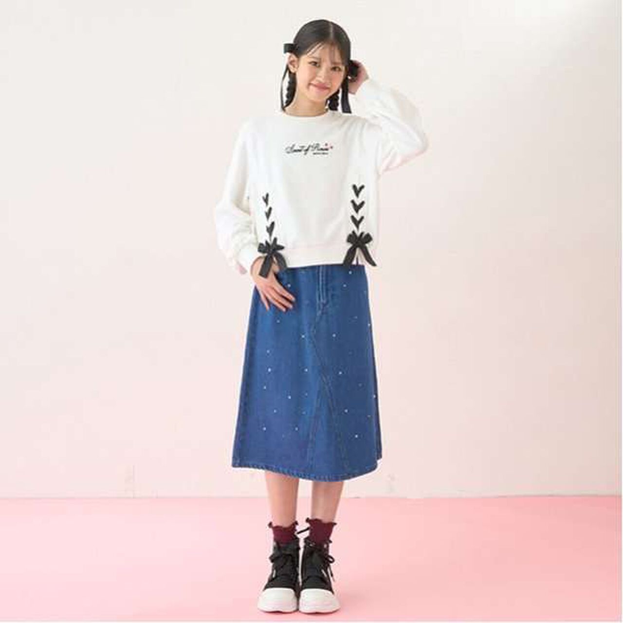 Pearl & Rhinestone Denim Midi Skirt,Black, large image number 15
