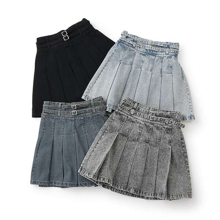 [LTXC] Double Belt Denim Pleated Skirt,Black, medium image number 7