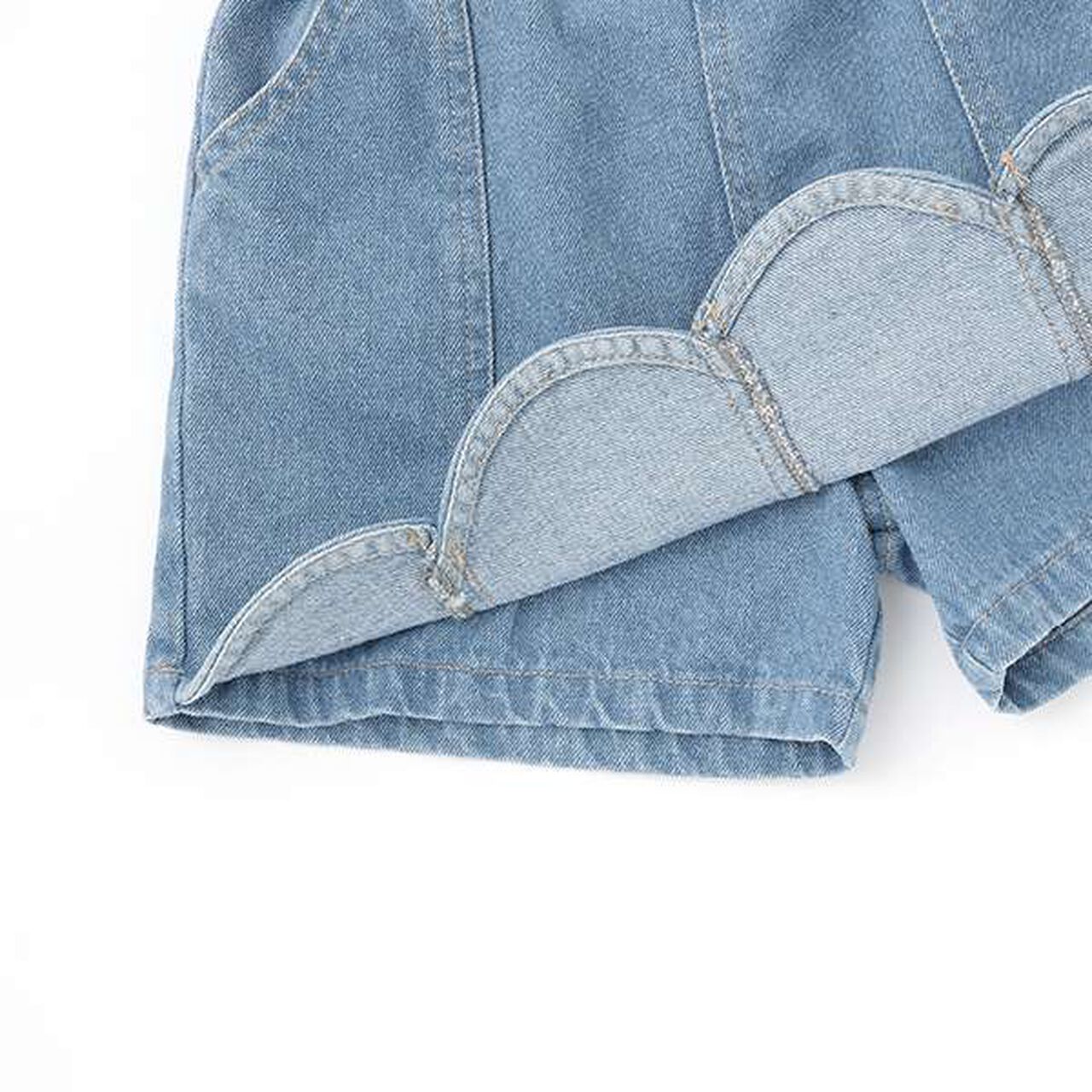 Stretch Denim Scallop Trim Skirt with Shorts,Sax blue, large image number 10