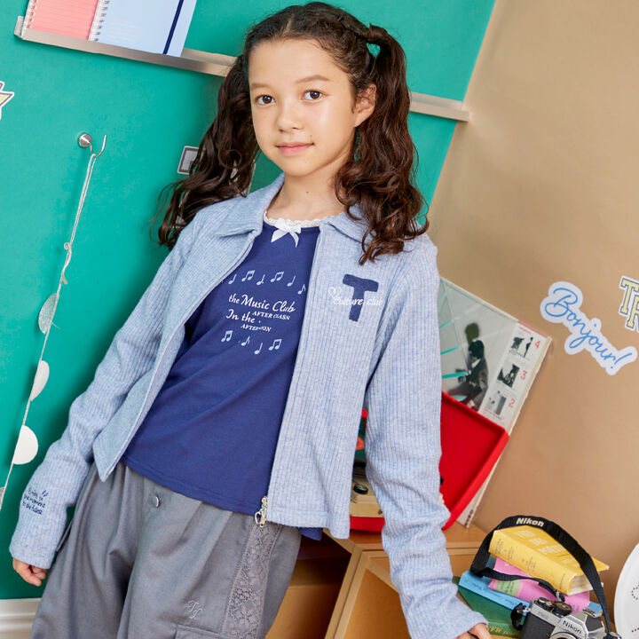 [Three Rabbits] Lace-Collared Ribbed Long-Sleeve T-Shirt,Navy, medium image number 16