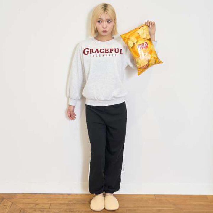 Brushed Fabric Logo Long-Sleeve Top & Pants Set [Loungewear/Pajamas],Light gray, medium image number 0