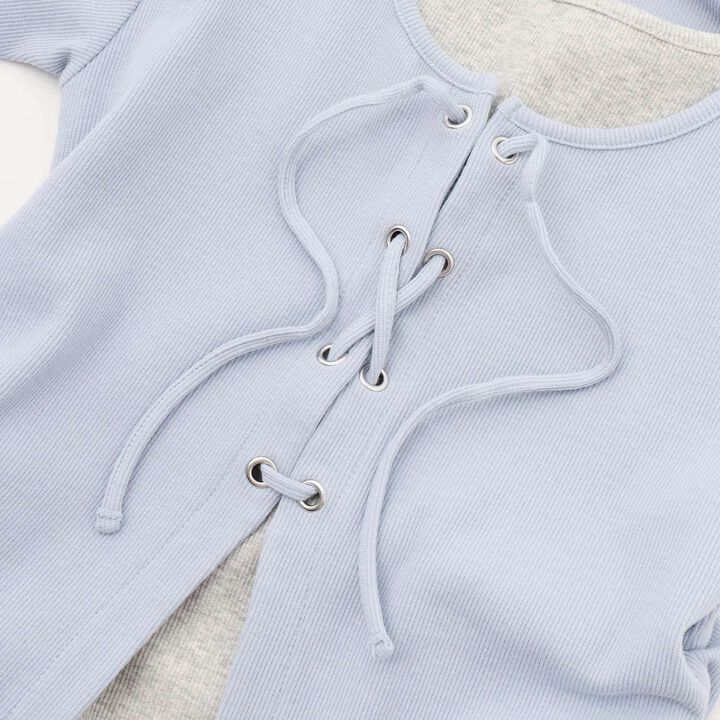 Lace-Up Ribbed Short-Sleeve T-Shirt,Top gray, medium image number 14