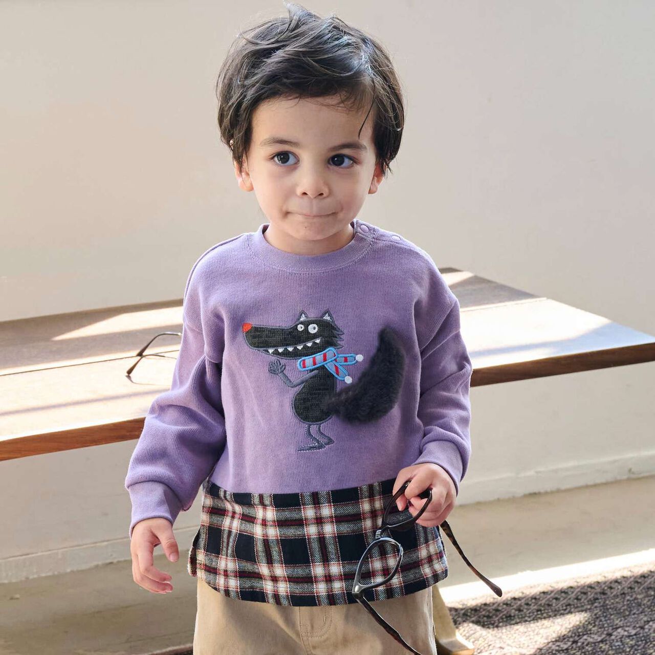 Wolf Hem Checkered Sweatshirt,Lavender, large image number 0