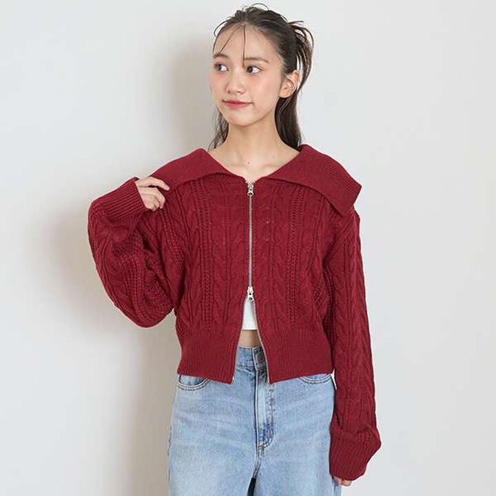 Washable Cable Knit Zip Cardigan,Wine red, medium image number 0