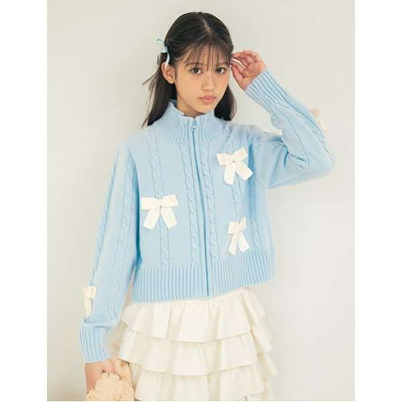 W Zip Ribbon Cardigan,Sax blue, large image number 2