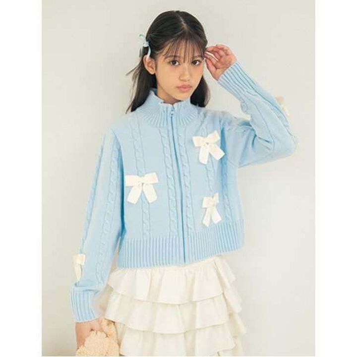 W Zip Ribbon Cardigan,Sax blue, medium image number 2
