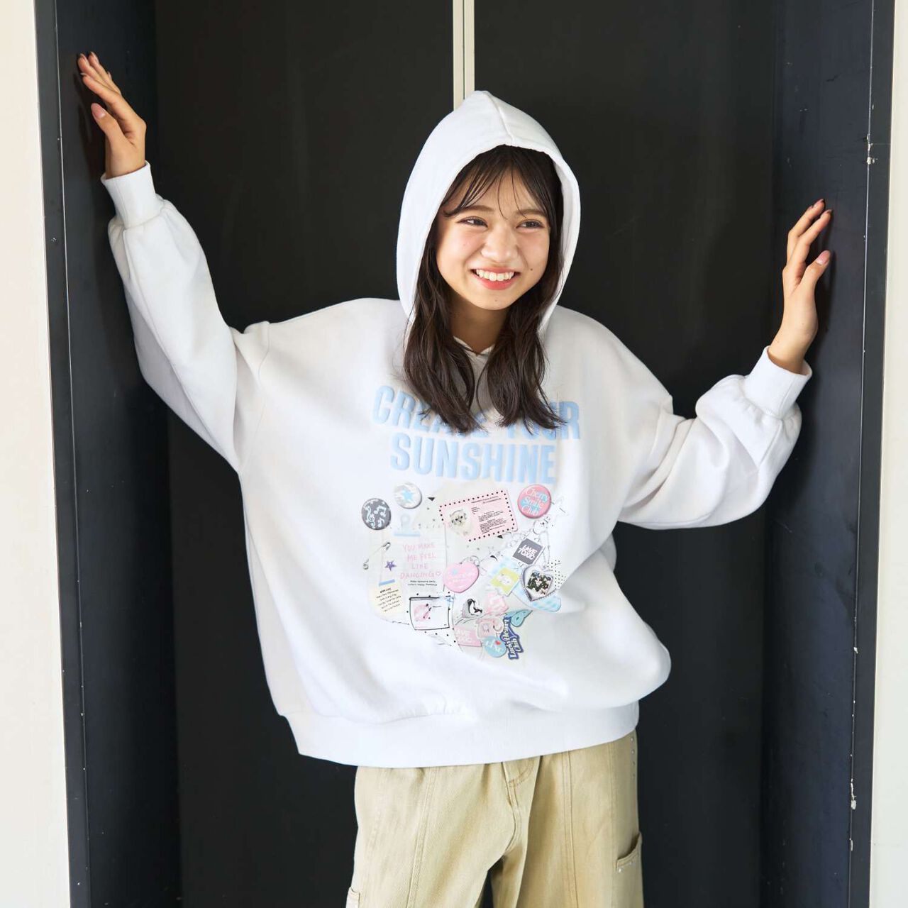 LTXC [Wool Lined] Sticker-Style Loose Fit Pullover Hoodie,Off white, large image number 0