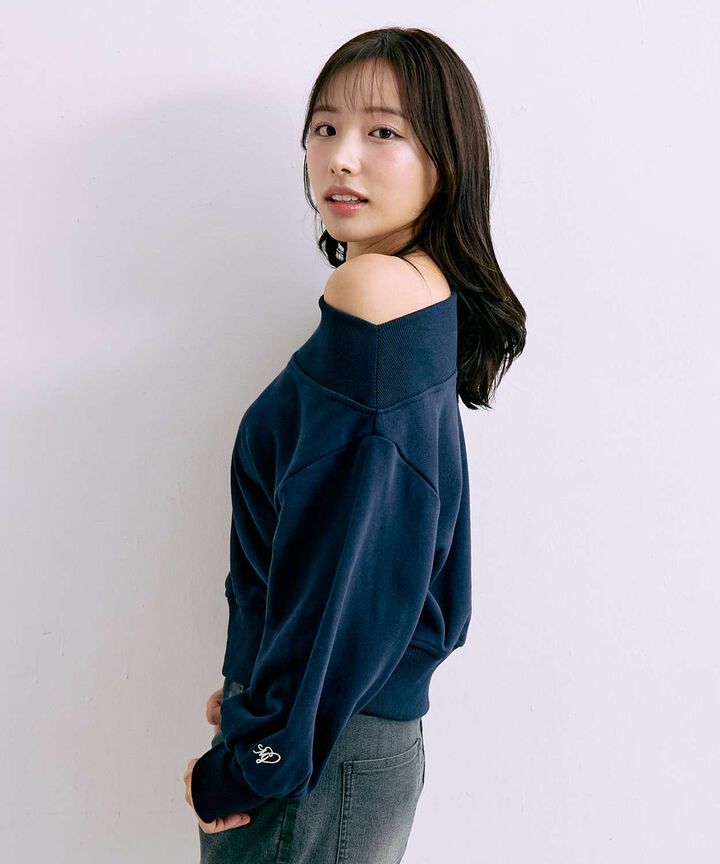 One-Shoulder Logo Sweatshirt,Navy, medium image number 1