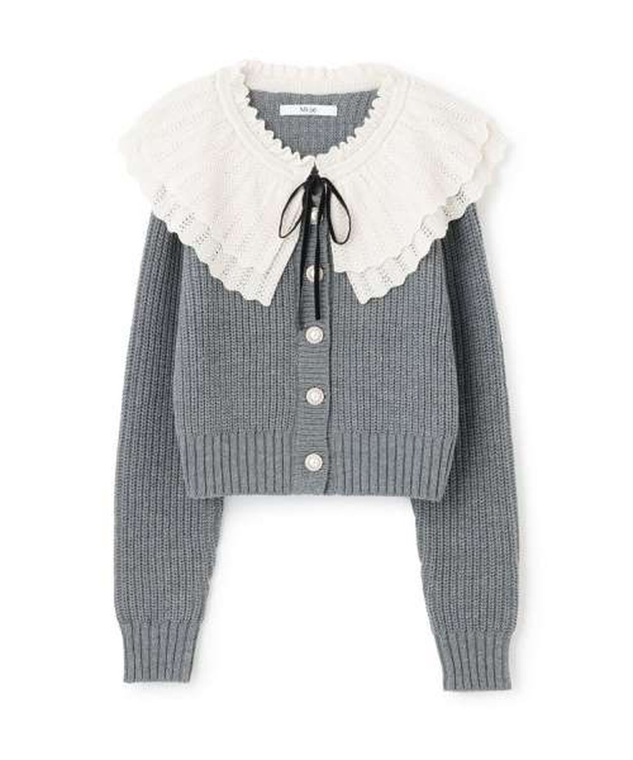 Frill Collar Pearl Button Cardigan [Korean Fashion],Navy, large image number 5