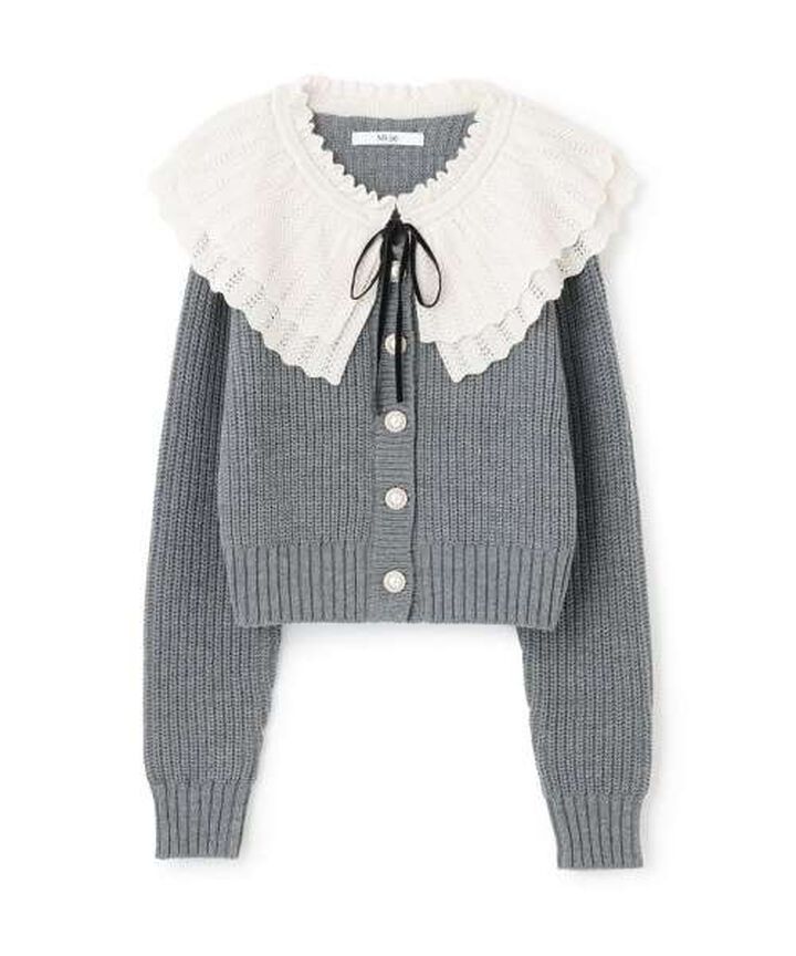 Frill Collar Pearl Button Cardigan [Korean Fashion],Navy, medium image number 5