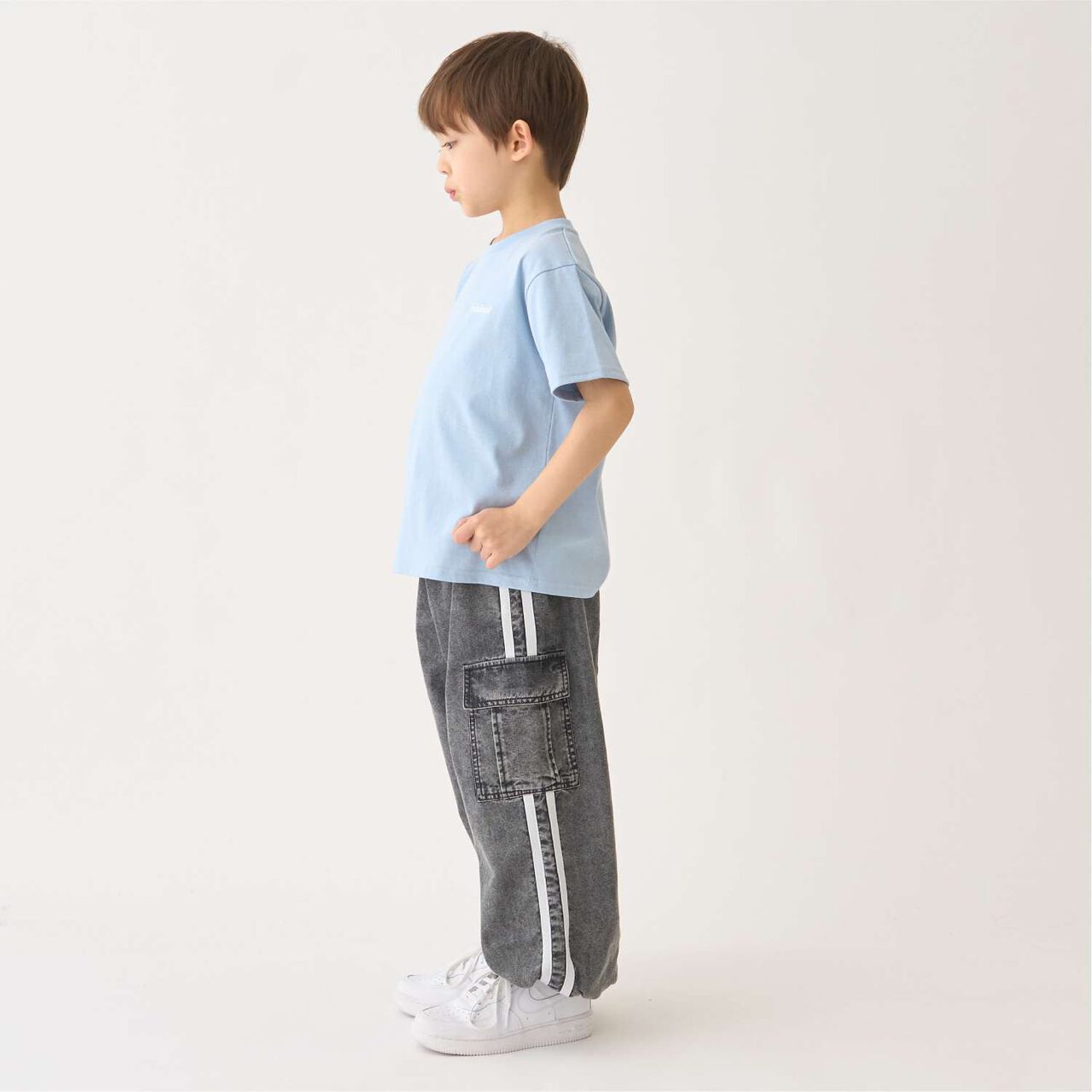 [Elastic Hem] Striped Denim Cargo Pants,Black, large image number 4