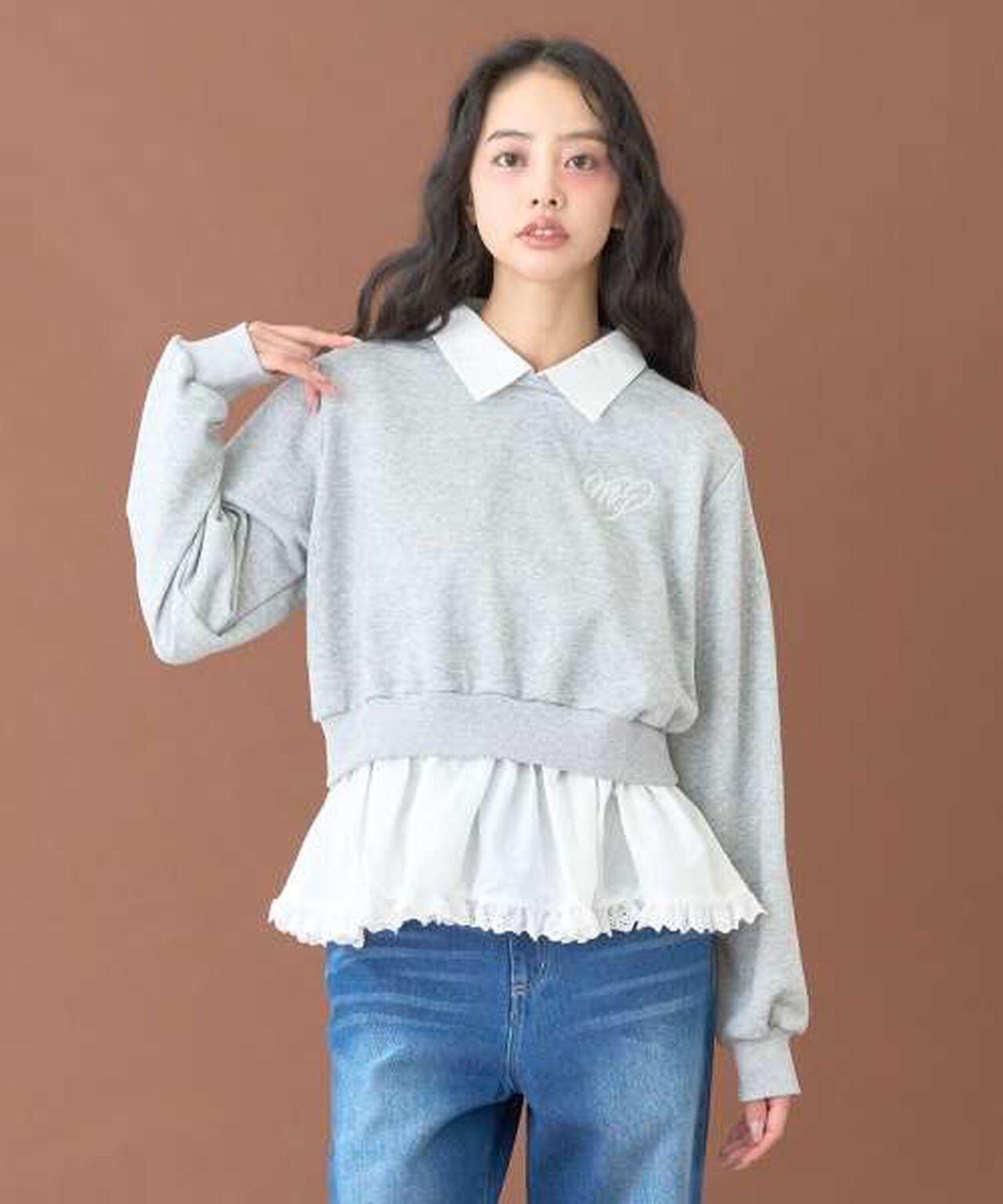 Layered Peplum Sweatshirt [Korean Fashion],Gray, large image number 1