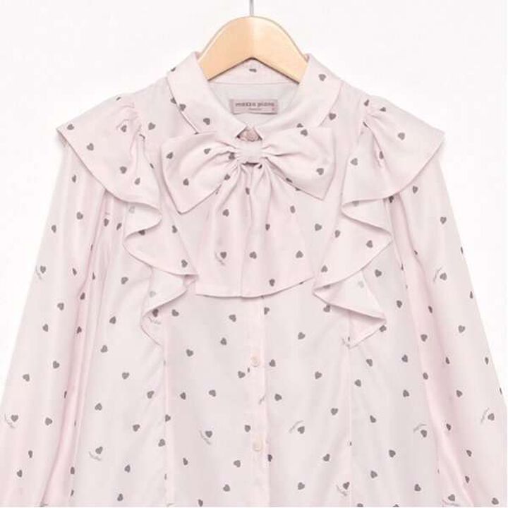 Frill Blouse with Bow Tie and Heart Pattern,Off white, medium image number 10