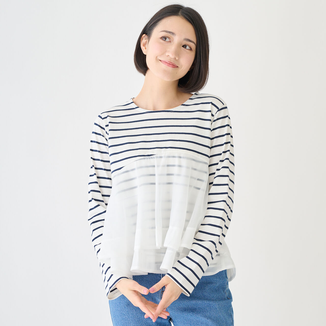 Organza Docking Long-Sleeve T-Shirt,Striped, large image number 0