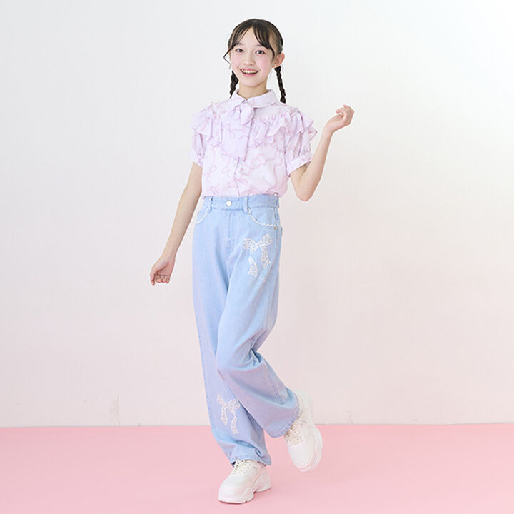 Frill Blouse with Bow Tie and Ribbon Pattern,Light blue, medium image number 20