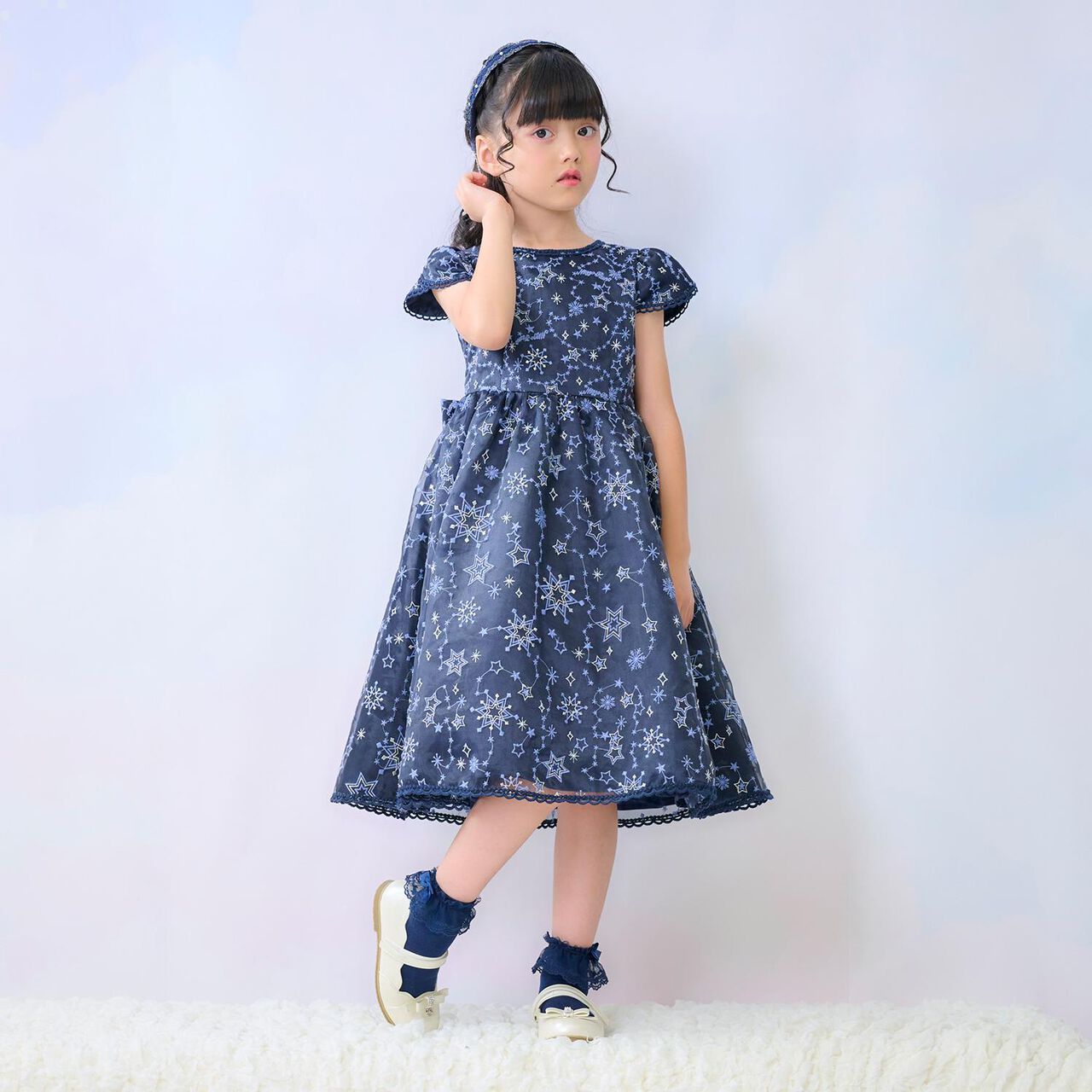 Sparkling Star Embroidery Dress,Navy, large image number 0