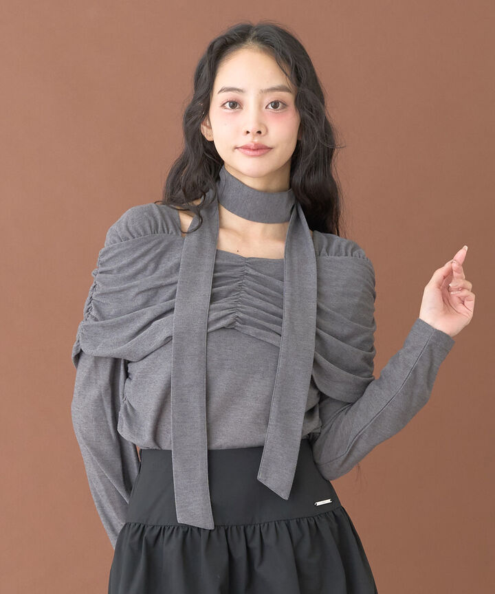 Tie-Detail Gathered Off-Shoulder Cut and Sew Top,Gray, medium image number 0