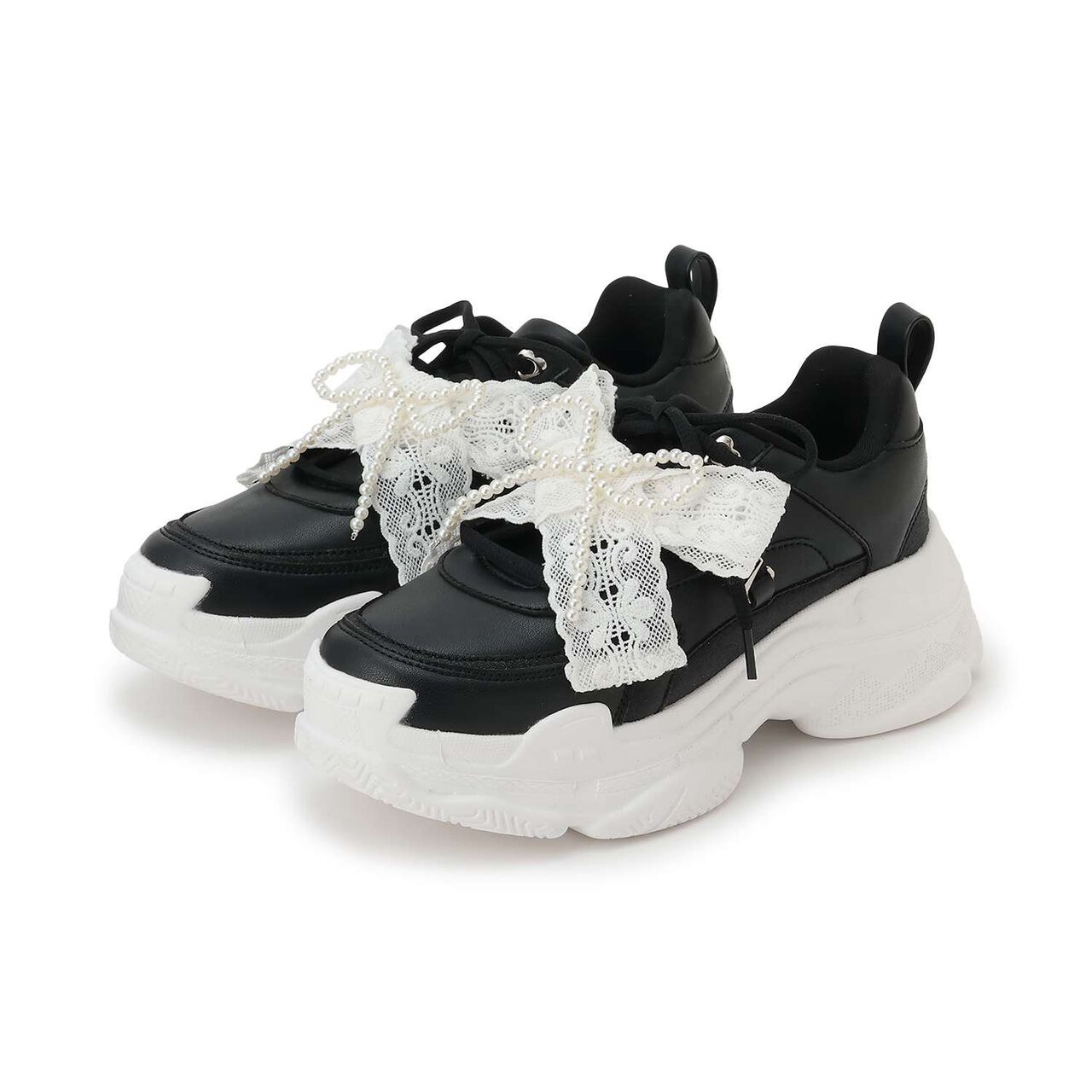 Pearl Lace Ribbon Dad Sneakers,Black, large image number 23