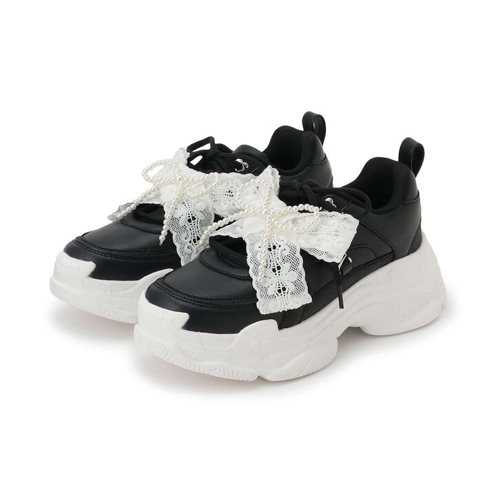 Pearl Lace Ribbon Dad Sneakers,Black, medium image number 23