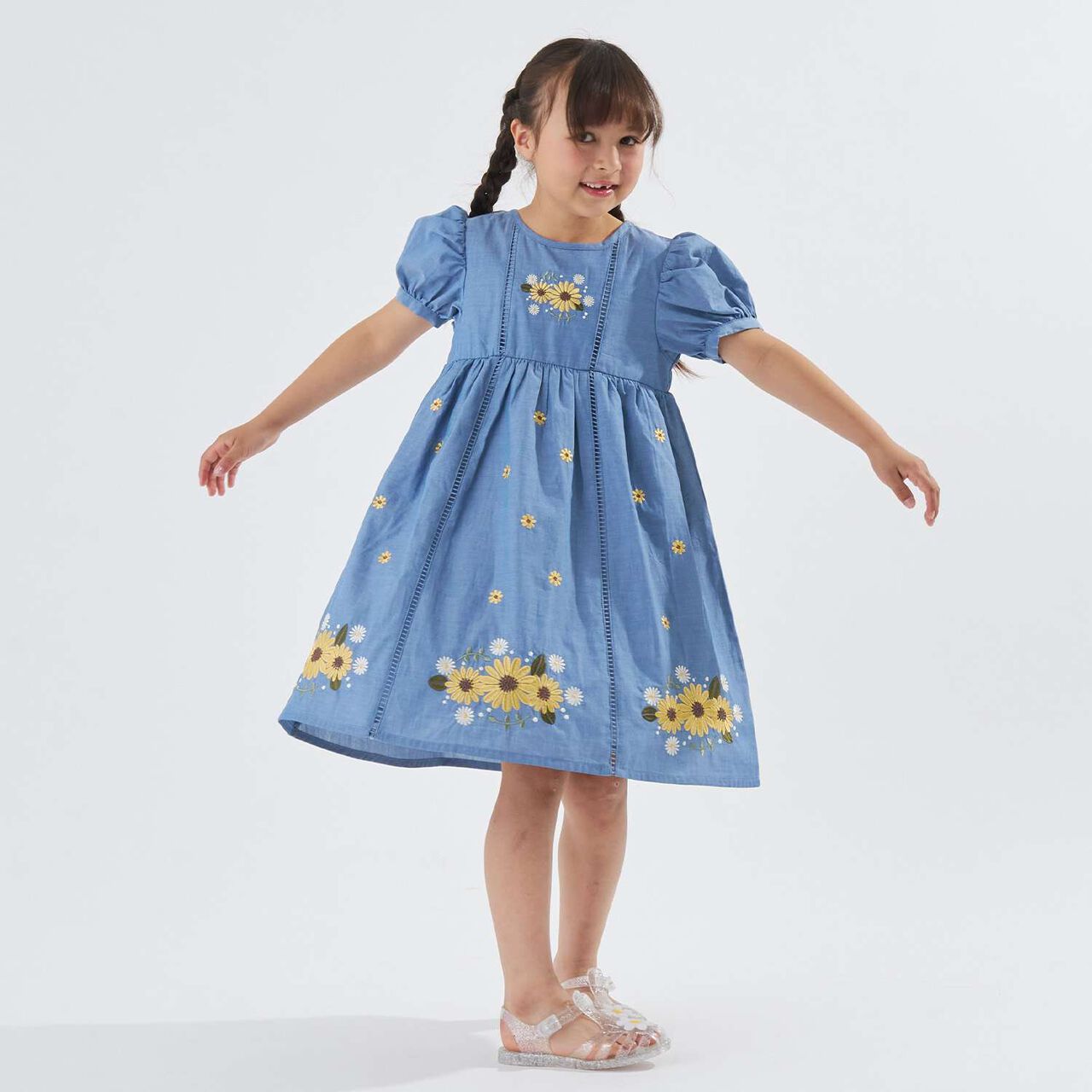 Sunflower Embroidered One-Piece Dress,Blue, large image number 0