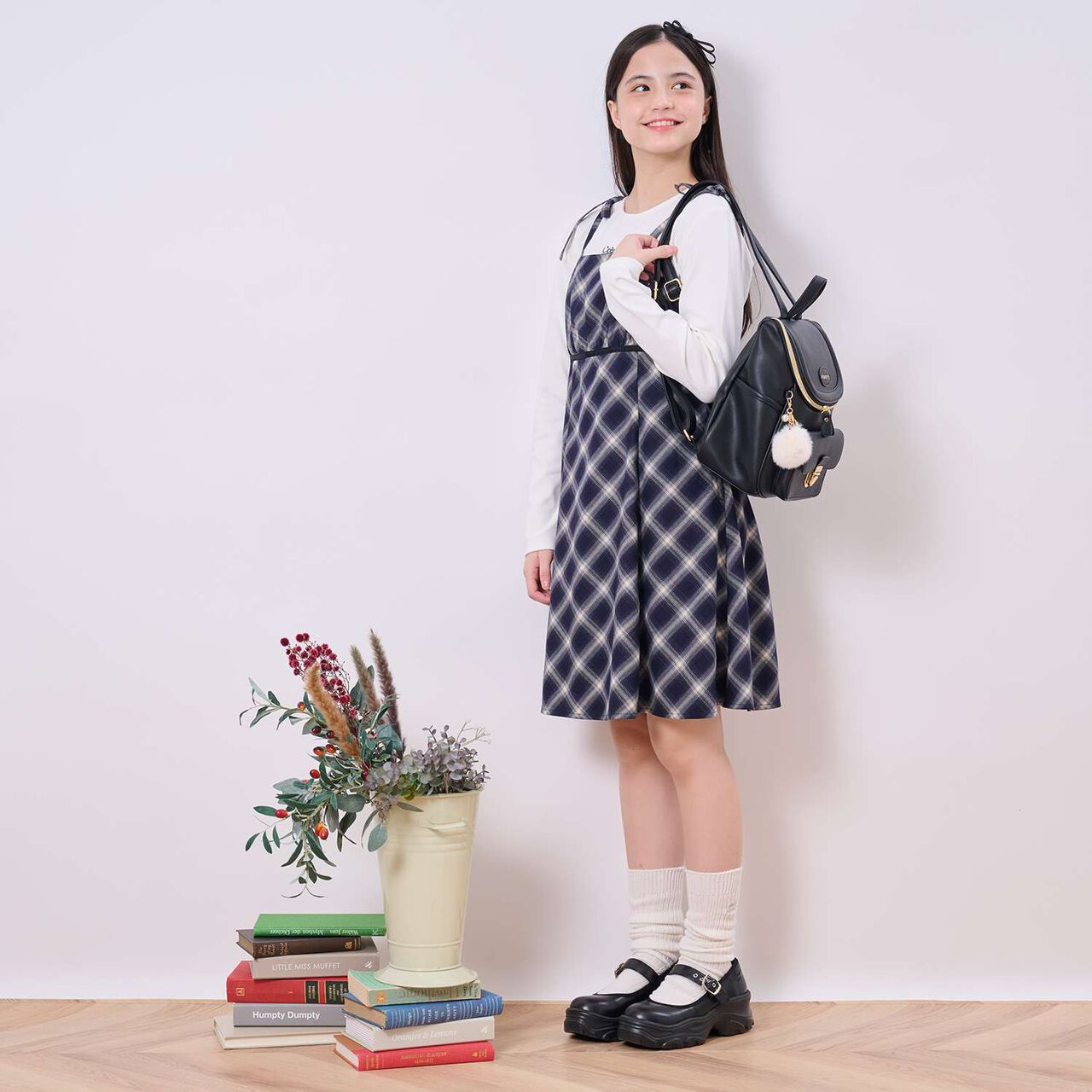 Checkered Camisole Dress Inner Set,Navy, large image number 0