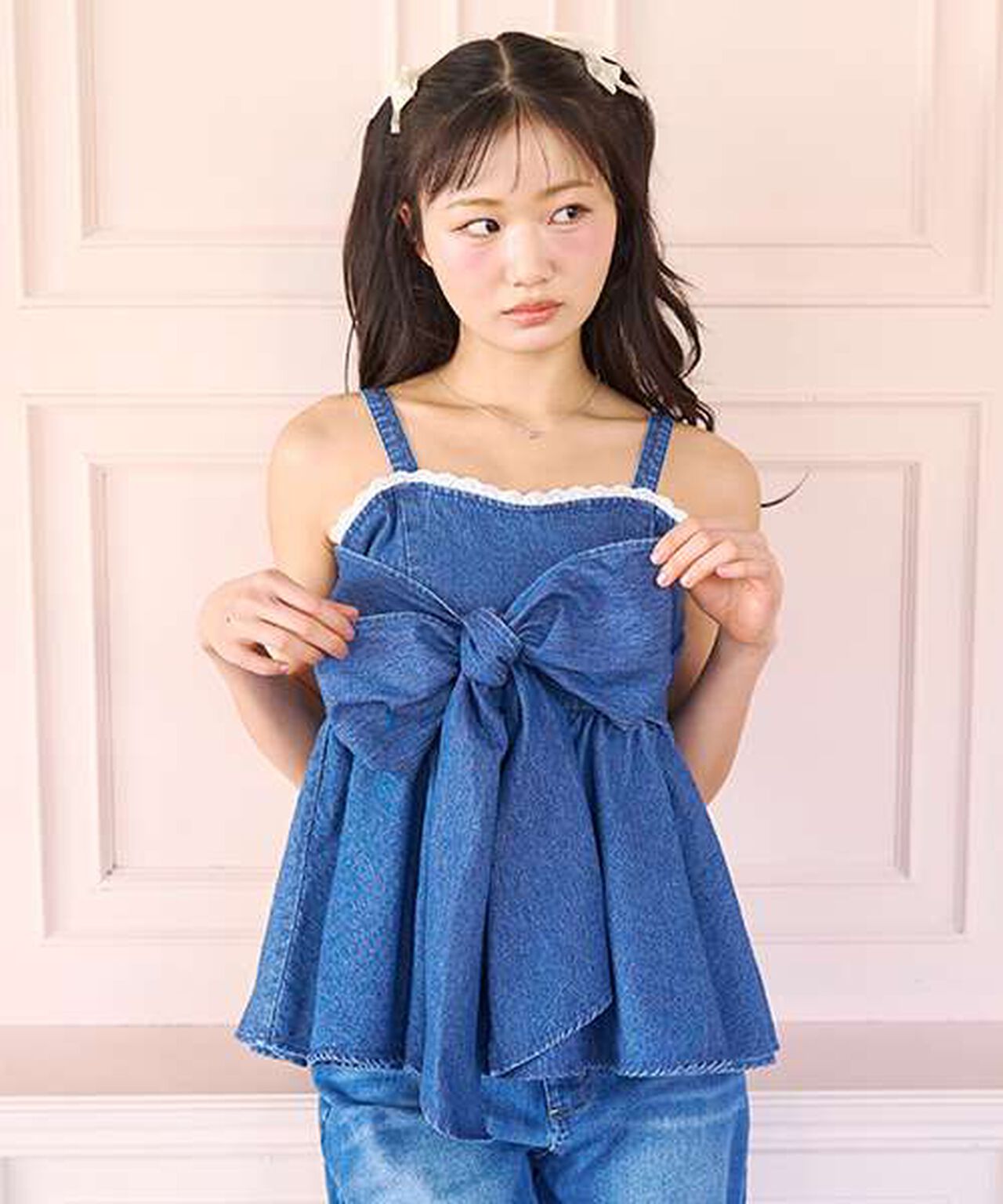 Denim Ribbon Bustier,Deep blue, large image number 0