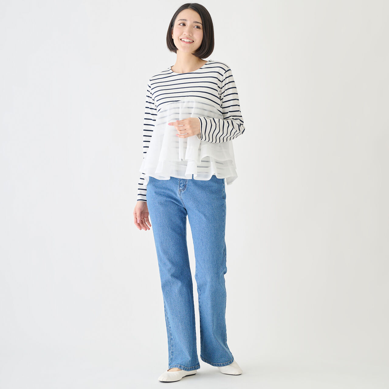 Organza Docking Long-Sleeve T-Shirt,Striped, large image number 3