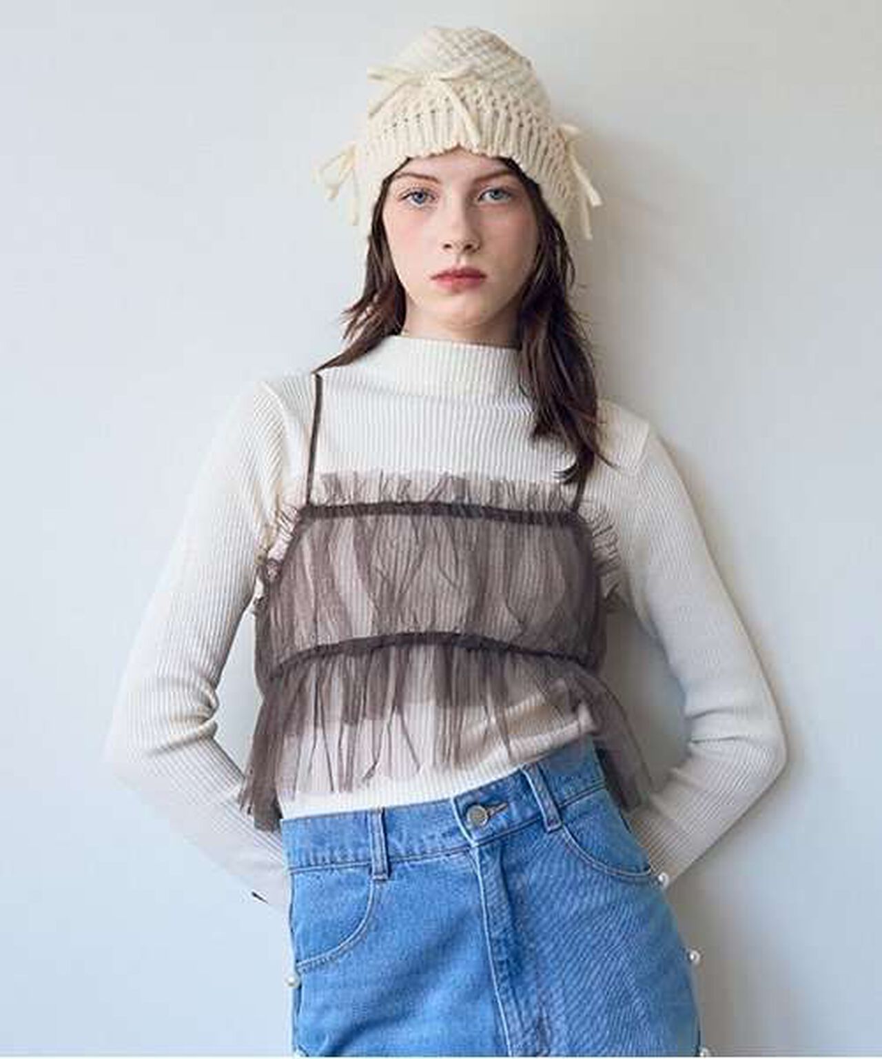 Tulle Bustier Knitwear Set,Brown, large image number 0