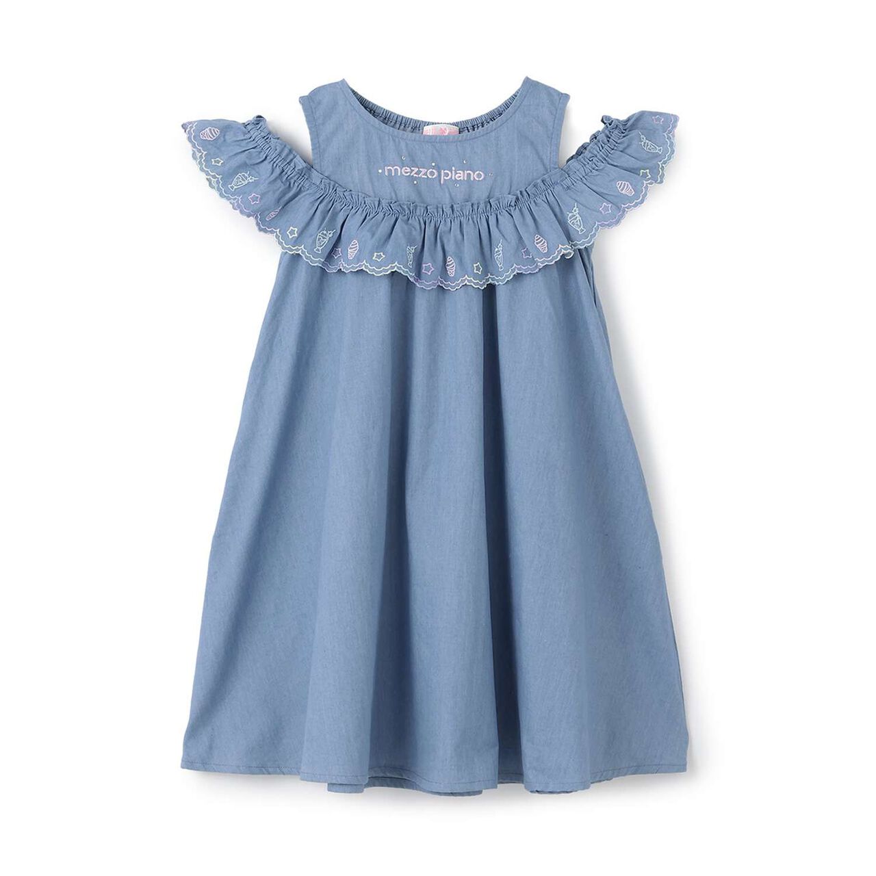 Cutwork Embroidery 2WAY Shoulder-Opening Denim One-Piece Dress [Cool Touch],Sax blue, large image number 0