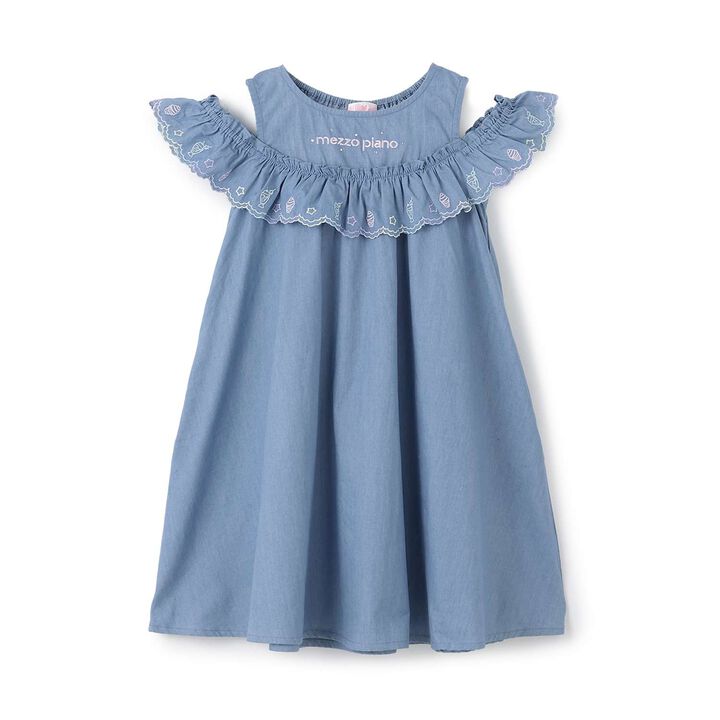 Cutwork Embroidery 2WAY Shoulder-Opening Denim One-Piece Dress [Cool Touch],Sax blue, medium image number 0