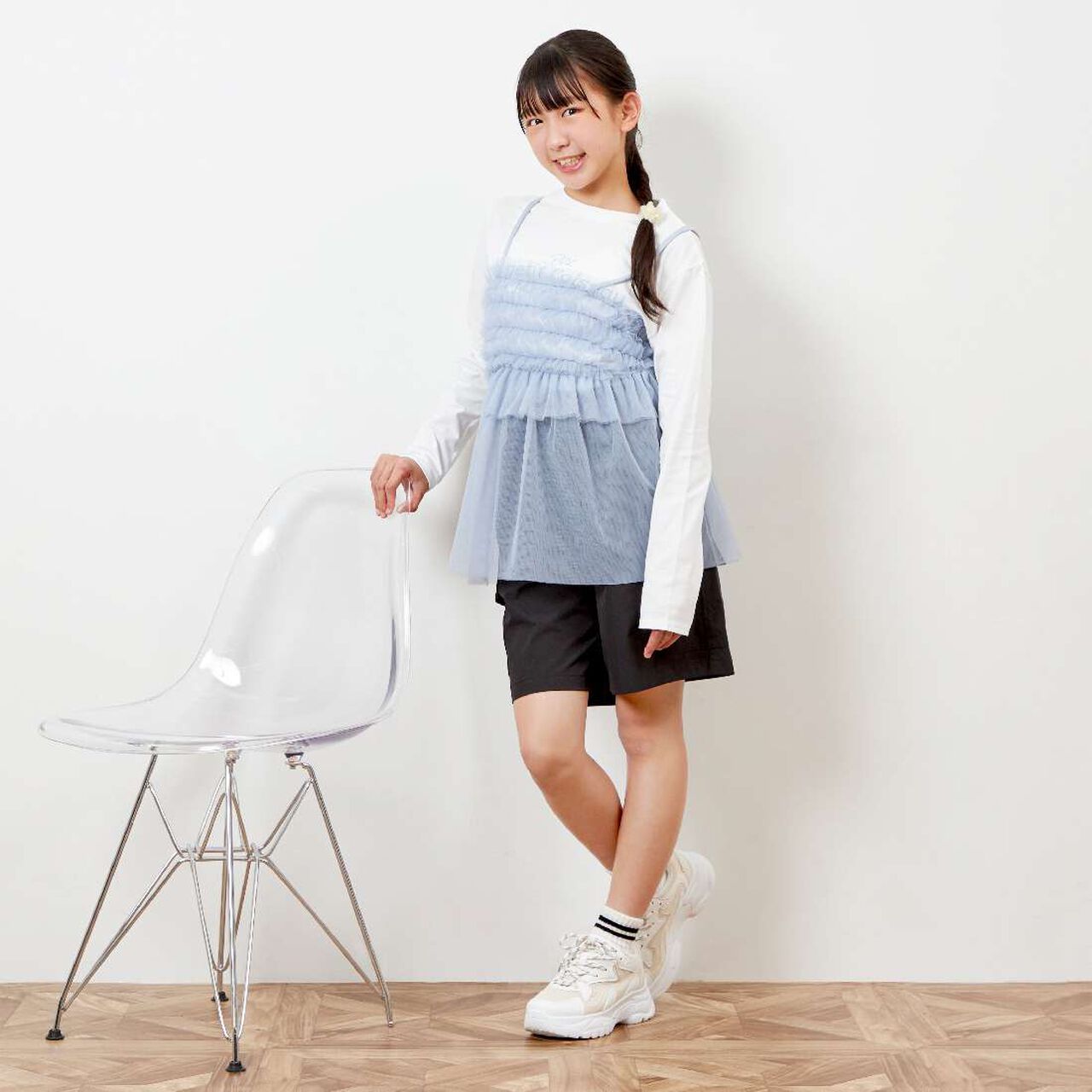 Tulle Camisole & Long-Sleeve T-Shirt Set (140-160),Ivory, large image number 7