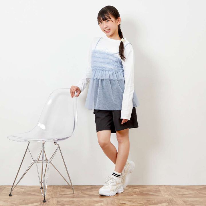 Tulle Camisole & Long-Sleeve T-Shirt Set (140-160),Ivory, medium image number 7